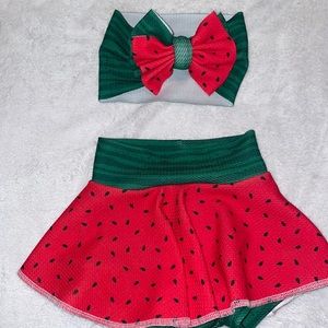 Watermelon headwrap and skirted shorts